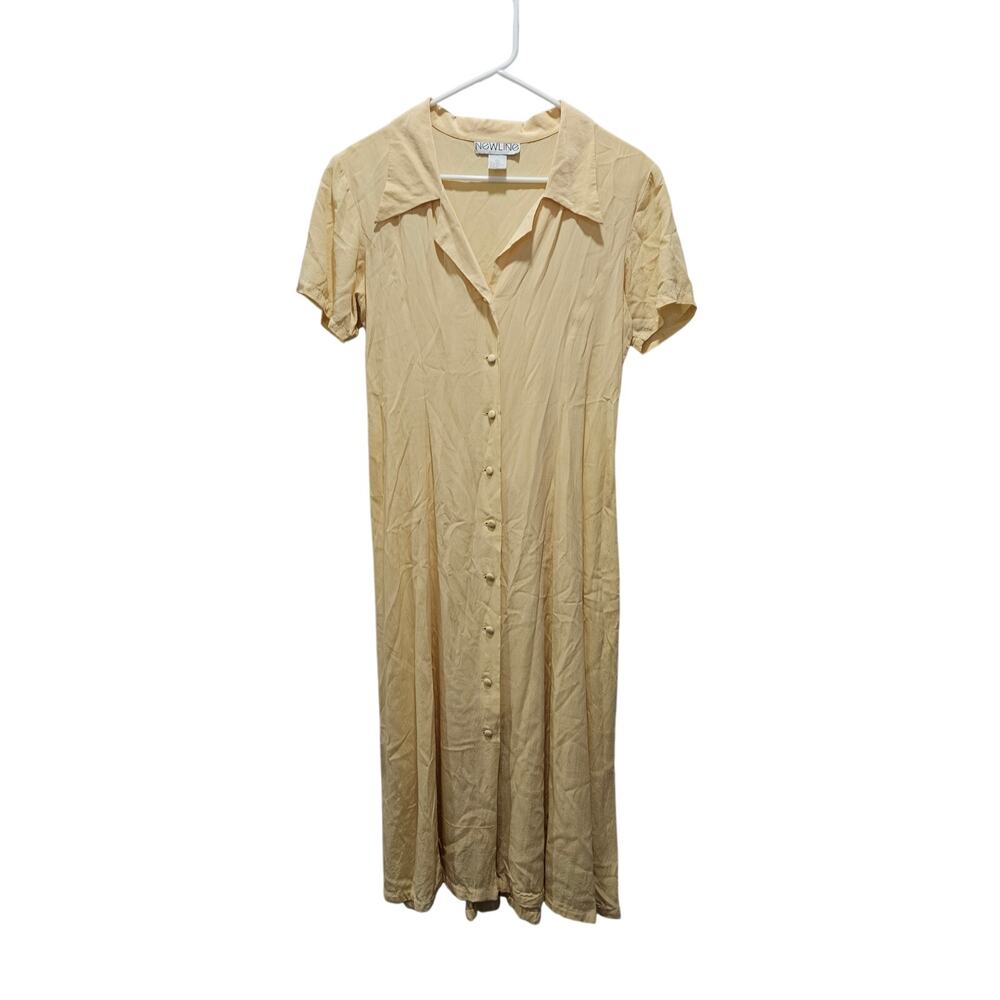 Vintage 90s 100% Silk Butter Yellow Maxi Dress Button Front Minimalist S